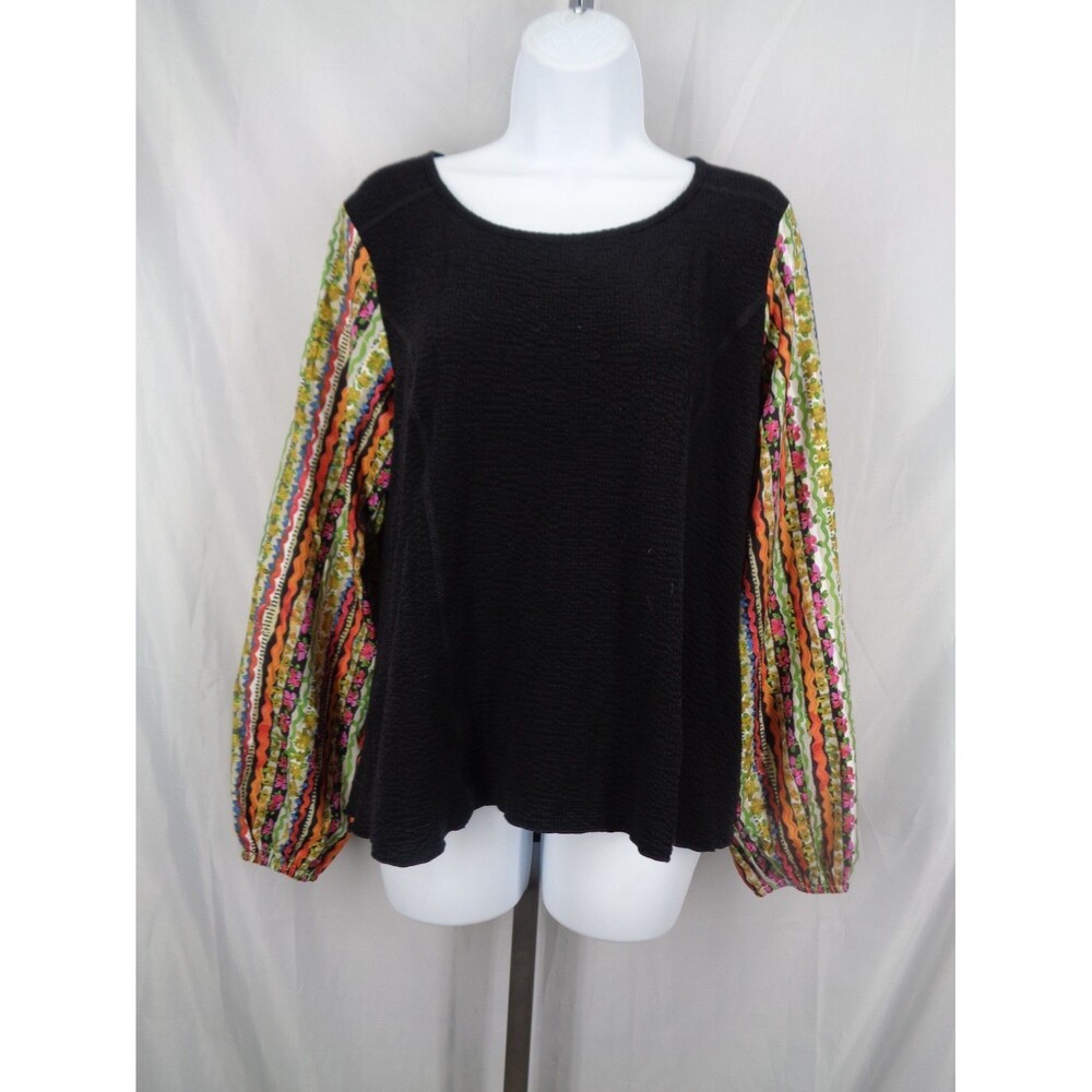 Sno Skins Top Blouse Size Small Black Knit Multi-Color Sleeve